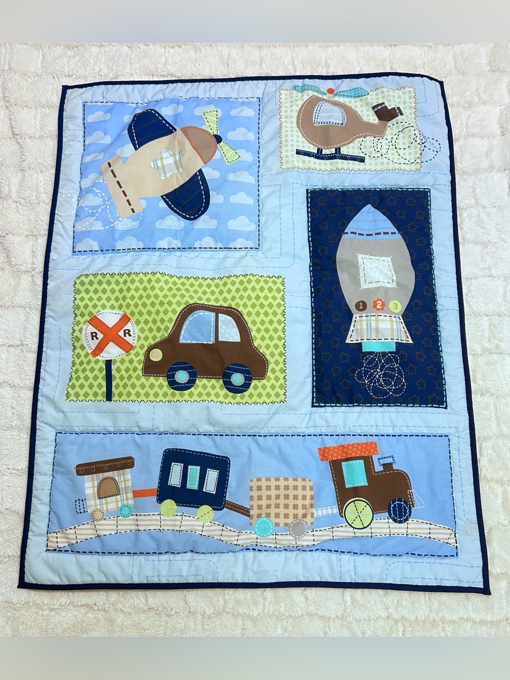 Transportation Theme Quilted Baby Blanket Car Train Airplane Rocket Nursery